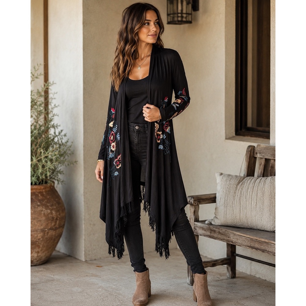CAITE Embroidered Long Duster Cardigan Black Floral Fringe Boho Lagenlook